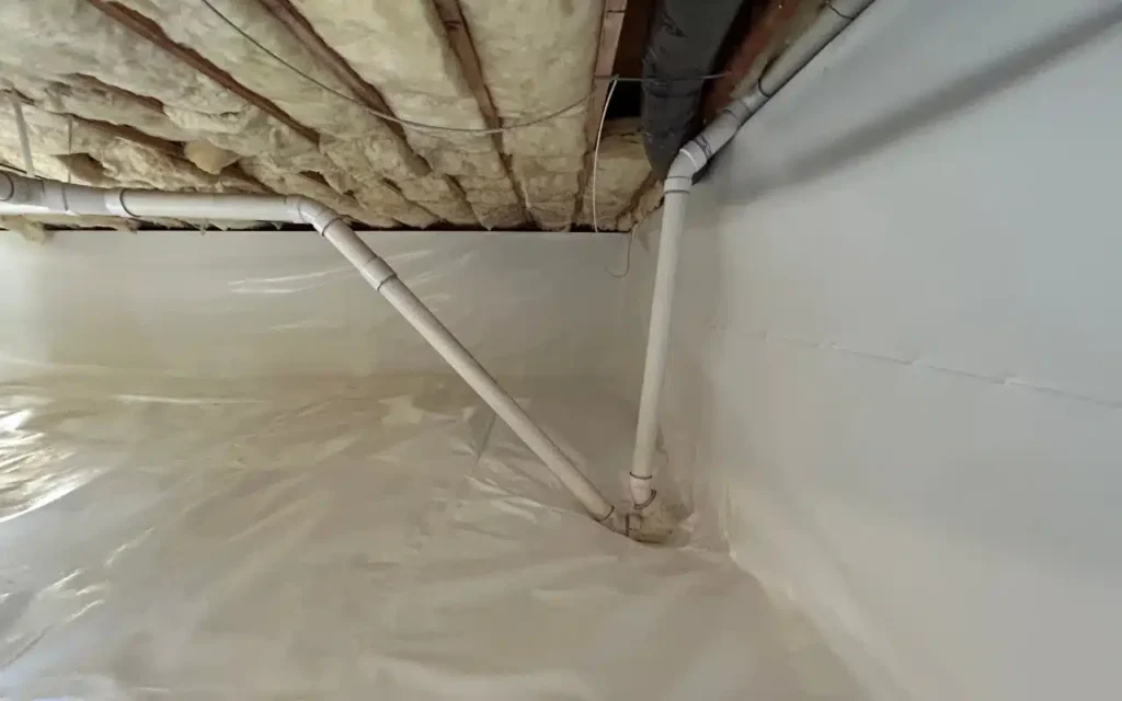 Crawl space with vapor barrier installation, insulated ceiling, and drainage pipes for interior waterproofing.